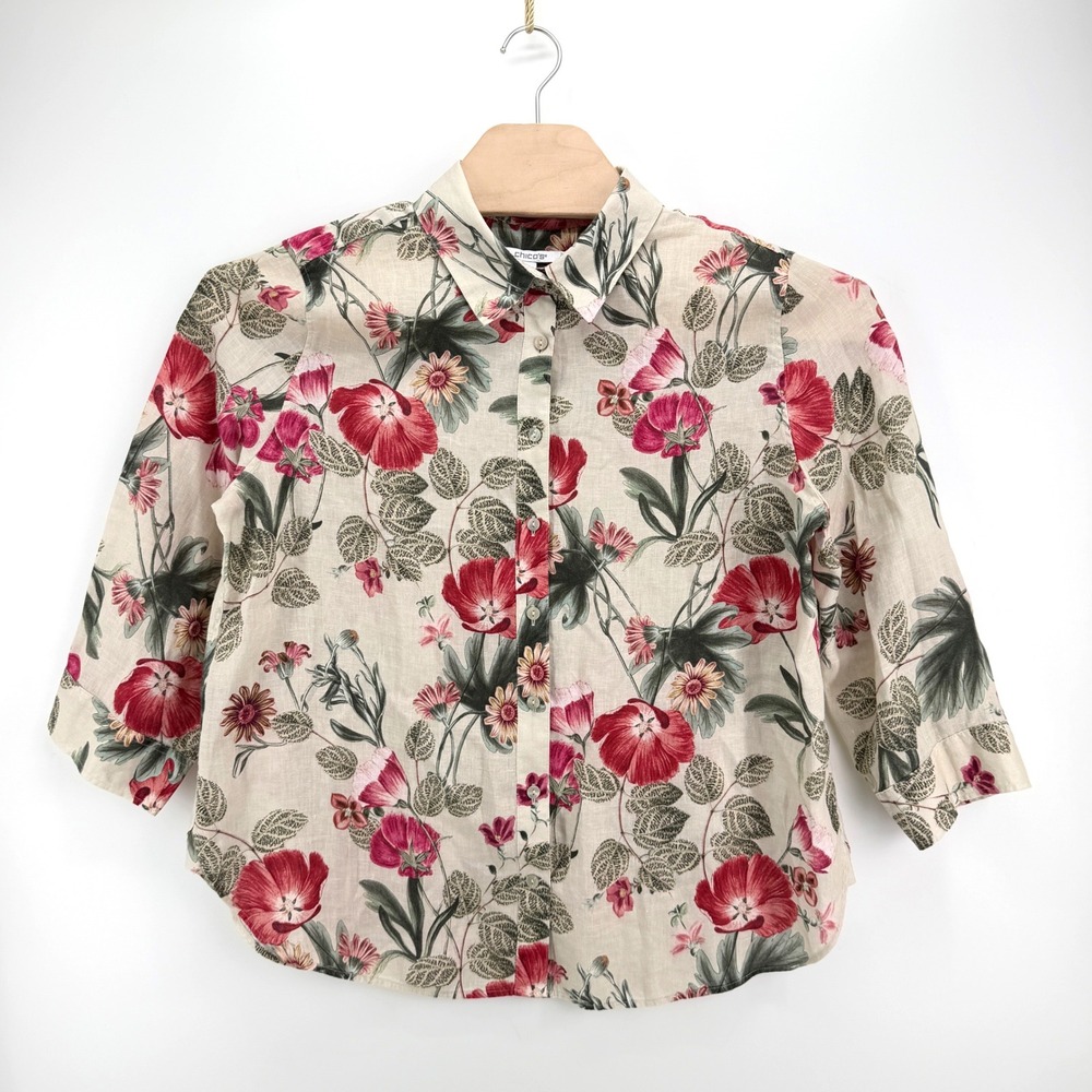 Chico's Floral Linen Button Down Shirt Size 14 100% Linen Red Beige Floral Top